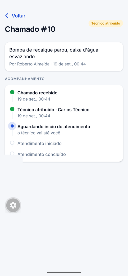Acompanhamento do chamado no aplicativo